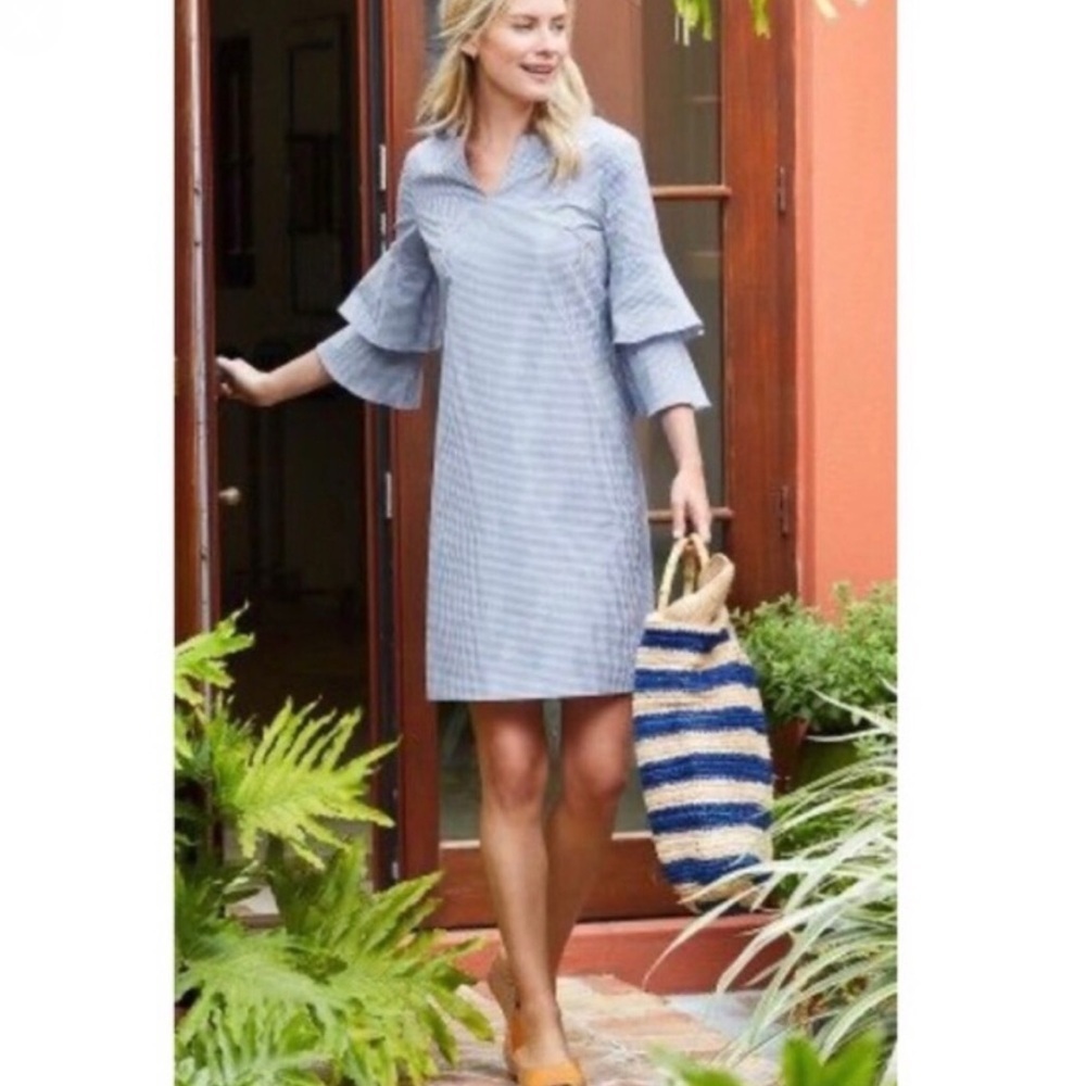 J. McLaughlin Letty Bell Navy/White Sz XL Gingham Ruffle Sleeve Dress Career - Picture 4 of 11